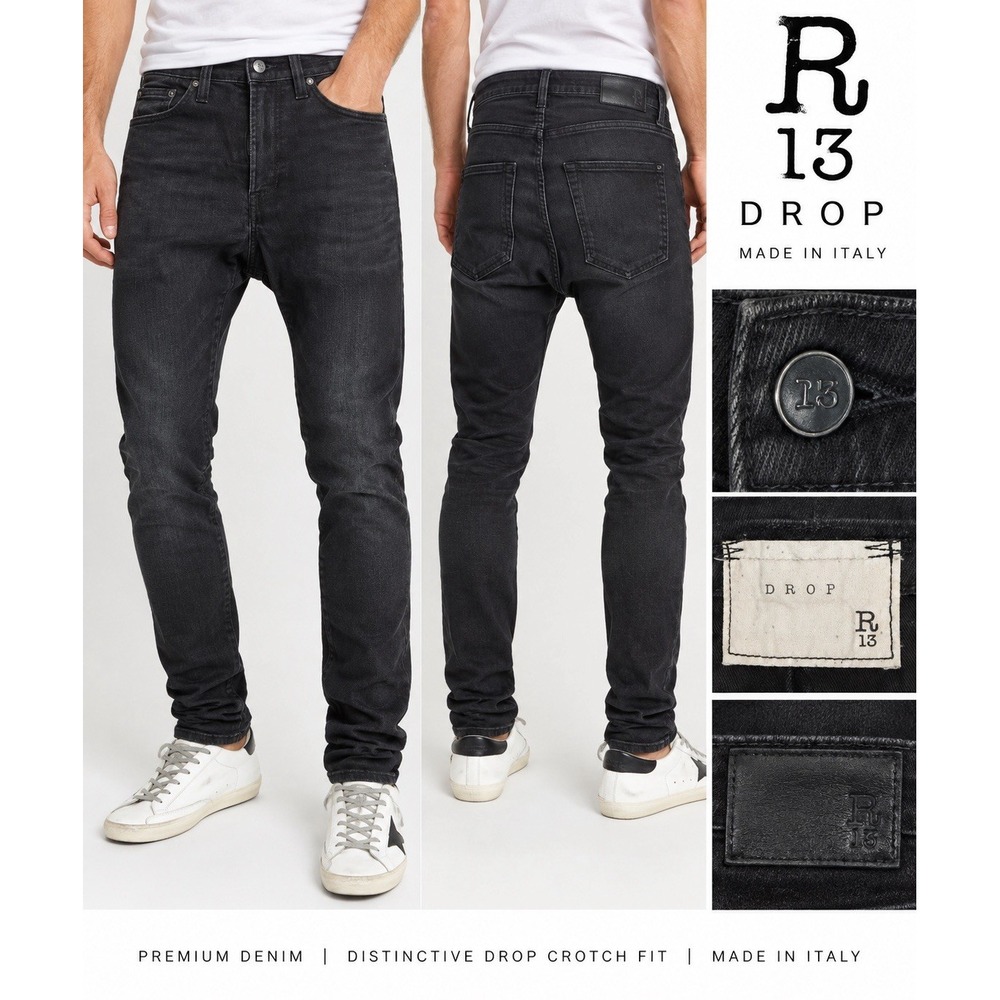 R13 Drop Jeans Mens 29 Black Made in Italy Designer Denim R13MN8096-73
